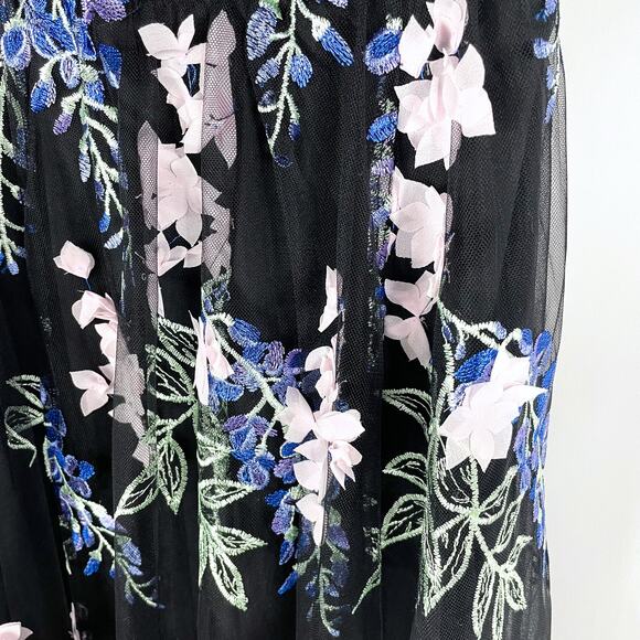 Marchesa Embroidered Tulle Midi Dress Black Blue 3D Floral Off Shoulder Sz 0 - Picture 7 of 12
